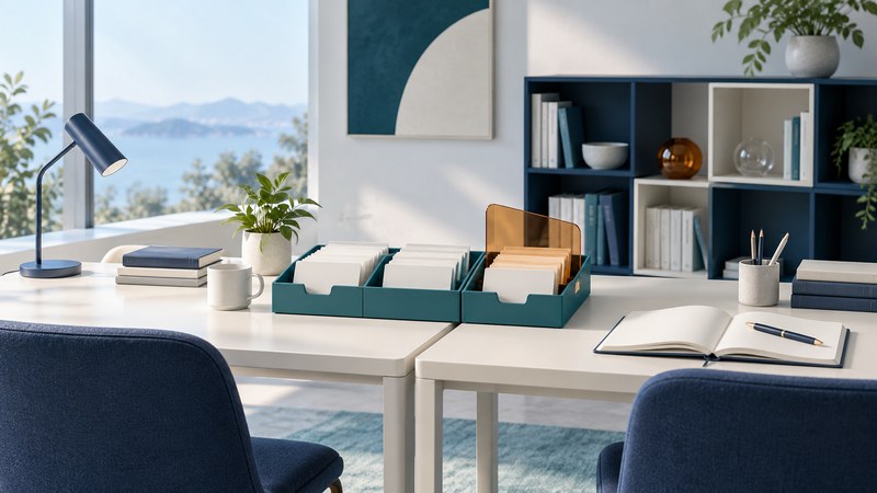 Two quiet workstations share organized teal record trays beside a notebook and modular bookshelf.