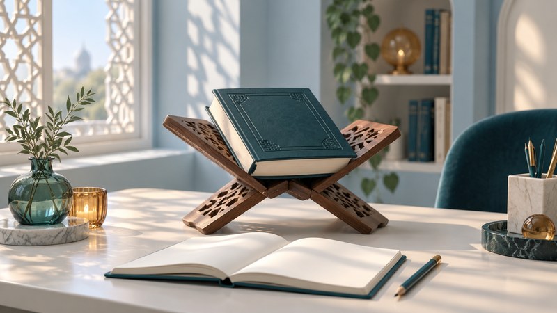 A closed teal book on a wooden reading stand beside an open study notebook.