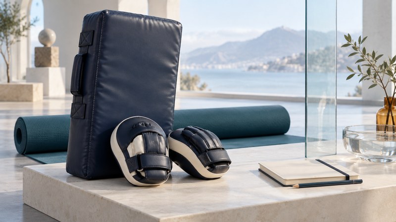 A navy kick shield and padded mitts stand beside a notebook and a rolled teal mat.