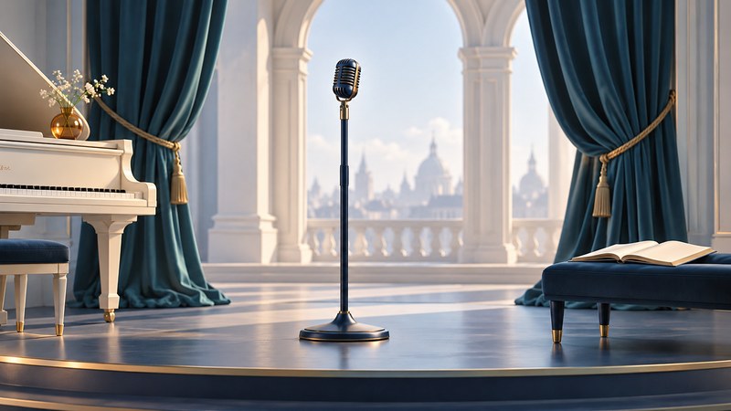 Conceptual theater stage with a microphone, teal curtains, an ivory piano and an open script.
