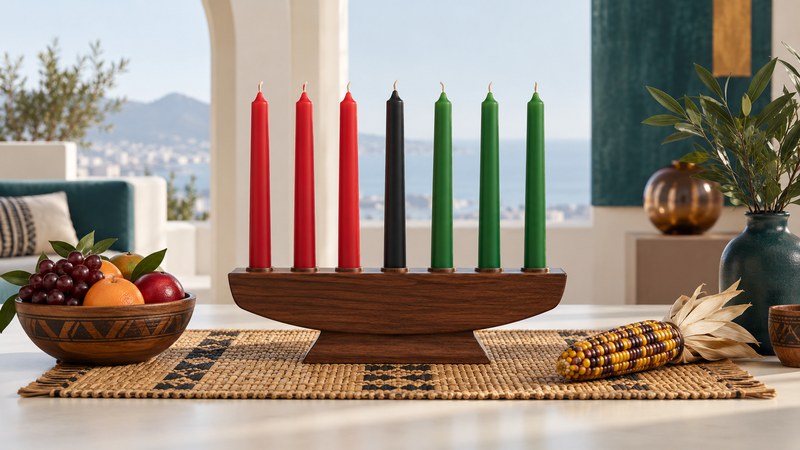 A wooden kinara holds three red, one black, and three green candles beside fruit and corn on a woven mat.