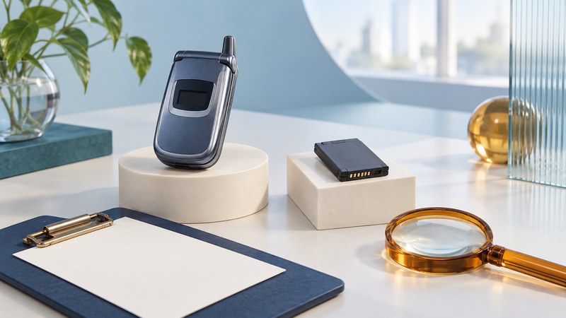 An early flip phone and separate intact battery beside blank identification notes and a magnifying lens.