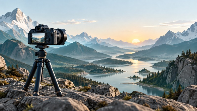 A navy camera on a tripod overlooks an invented mountain valley and winding waterway in morning light.