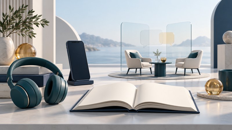 An open book, headphones, and phone overlook a small conversation setting with two chairs and glass panels.