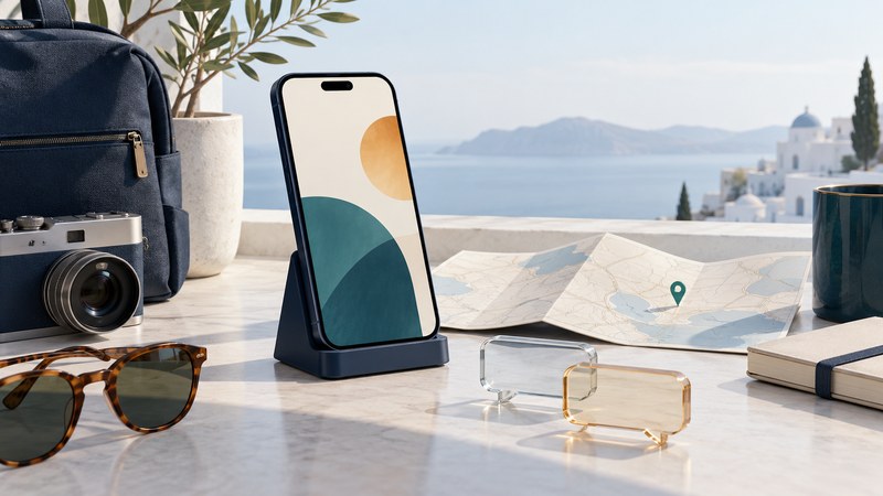 A smartphone on a stand beside a folded map, destination marker, and glass conversation shapes.
