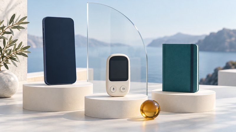 A smartphone, handheld translator, and closed pocket phrasebook on three ivory plinths.