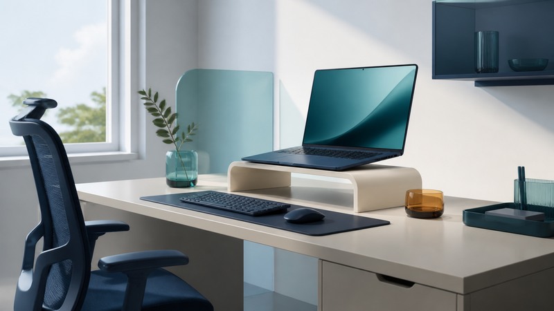 A laptop on a riser sits above a separate keyboard and mouse at an uncluttered desk.