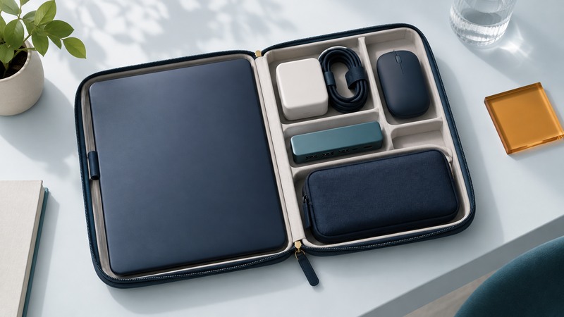 A closed navy laptop, ivory charger, coiled cable, teal hub and mouse sit in organized compartments.