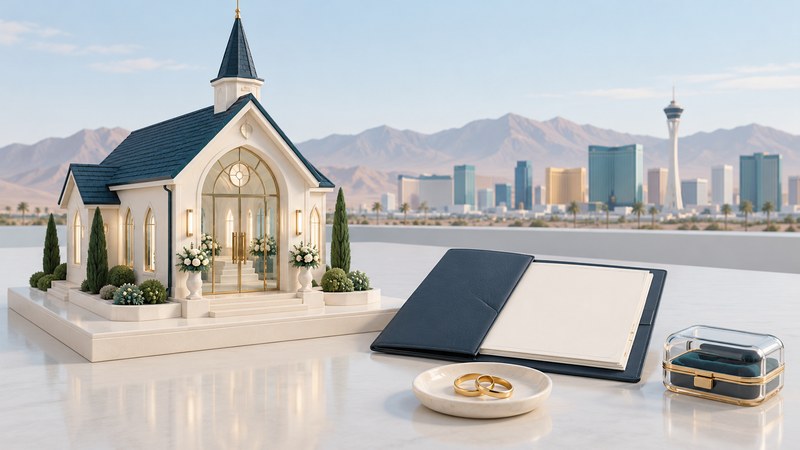 A conceptual small wedding chapel with a navy roof, blank document folder, rings and travel case against an abstract city skyline.