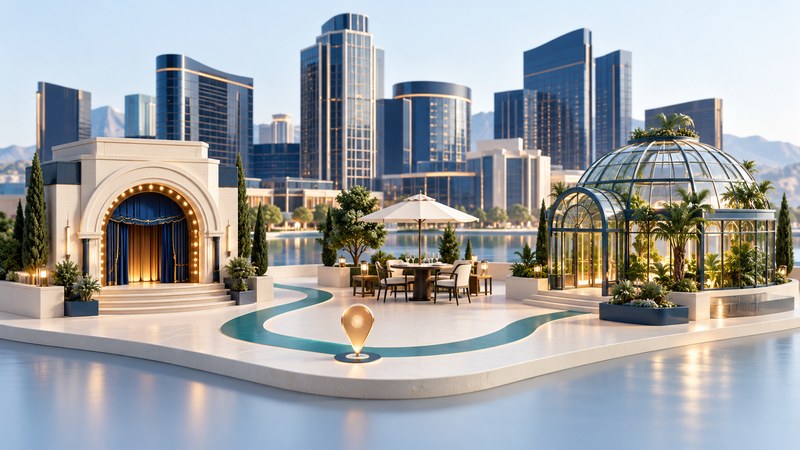 Conceptual Las Vegas model linking a theater, dining table and conservatory.