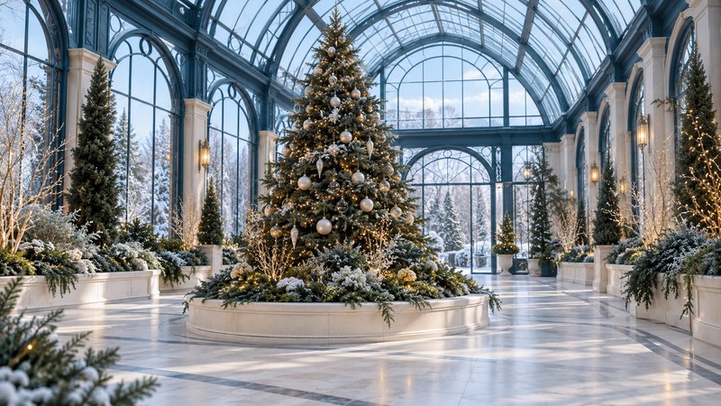 Conceptual winter conservatory with an evergreen