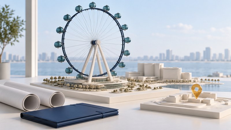 Conceptual observation-wheel model beside planning documents