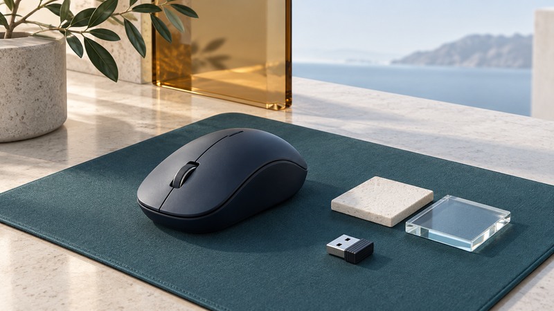 A navy mouse rests on a teal mat beside textured and glass samples and a USB receiver.