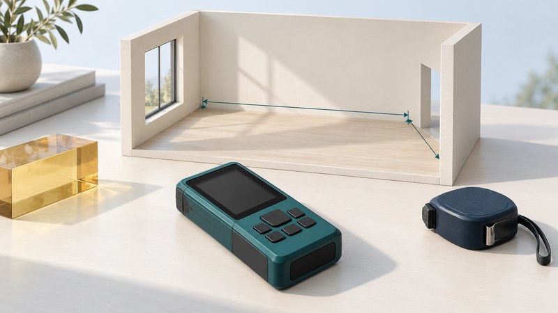 A teal distance meter and closed tape measure beside a conceptual cutaway room model.