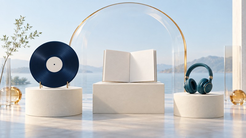Record, open blank booklet, and headphones on three ivory plinths under a glass arch.