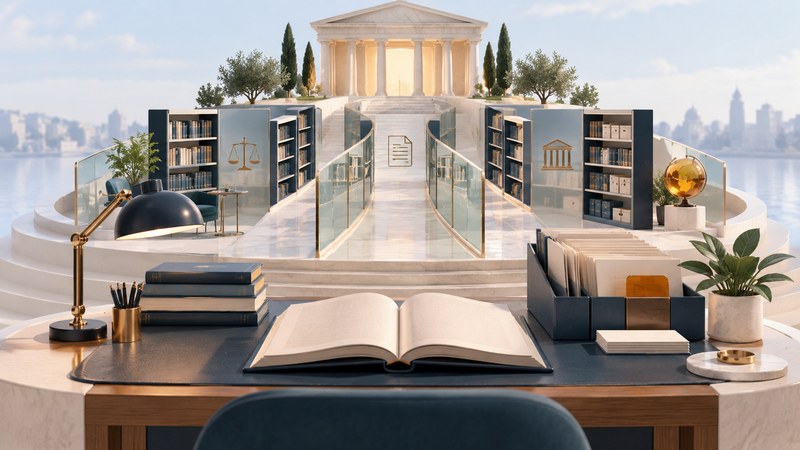 An open book and organized files lead toward glass-lined library paths and an abstract civic building.