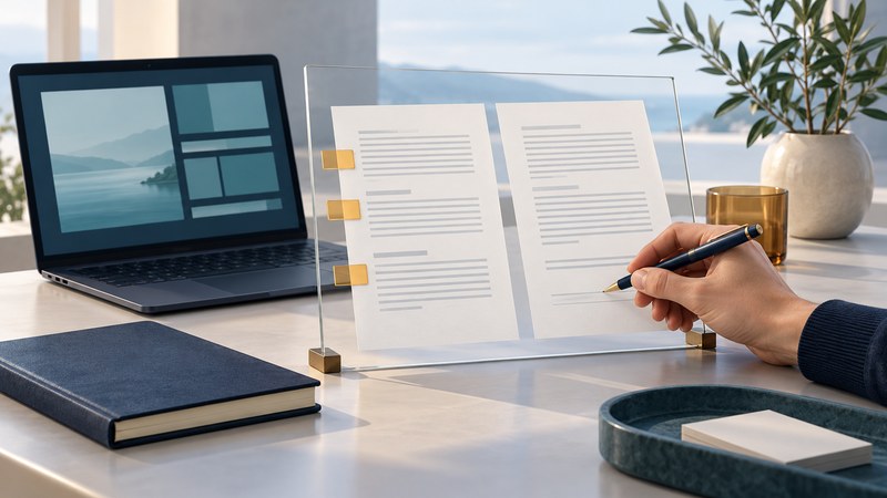 A hand checks two documents on a glass panel beside a navy laptop and reference book.