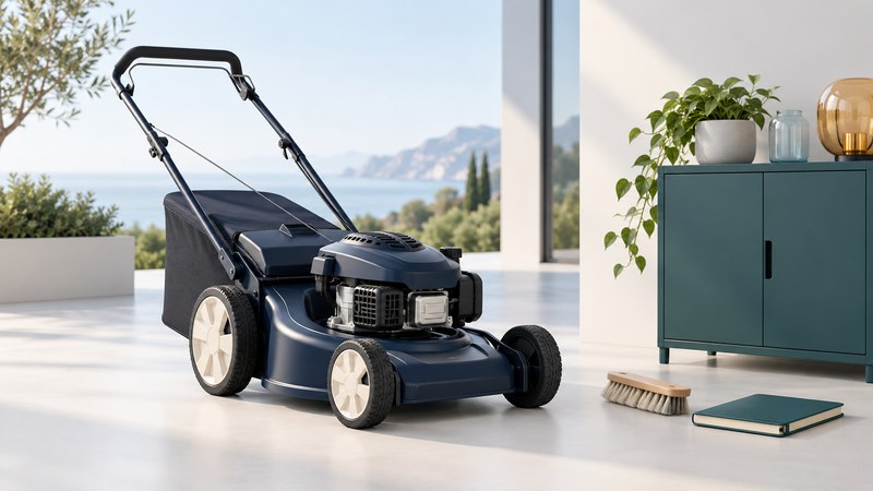 A stopped navy mower beside a soft brush, teal service notebook, and closed cabinet.