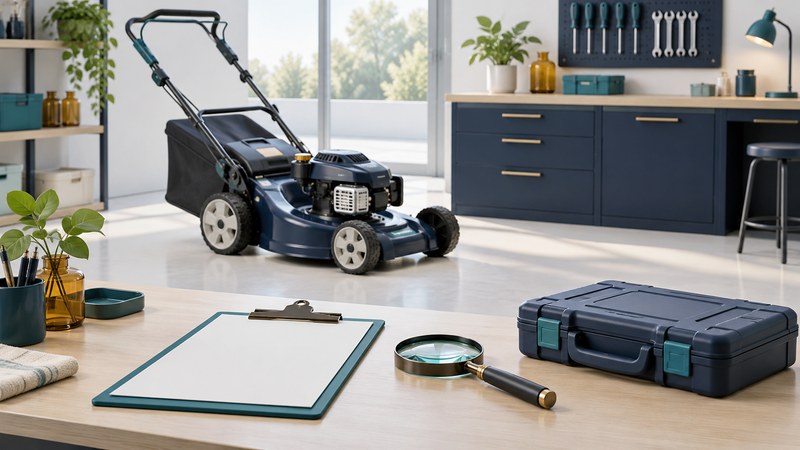 A stopped mower in a workshop with a blank service clipboard, magnifying glass, and closed tool case.