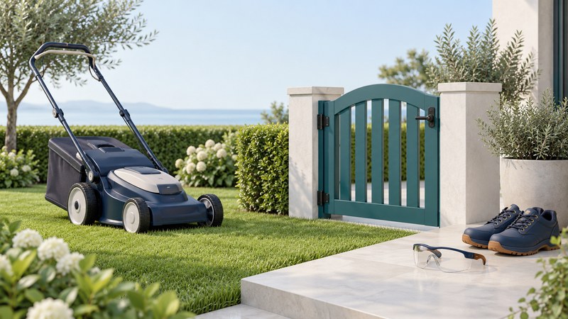 A stopped navy mower beside a teal garden gate, with protective glasses and sturdy shoes on the patio.