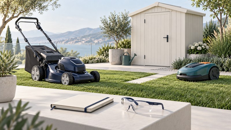 Walk-behind and robotic mowers near an ivory storage shed.