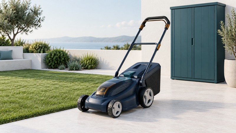 A navy walk-behind mower beside a small lawn and closed teal storage cabinet.