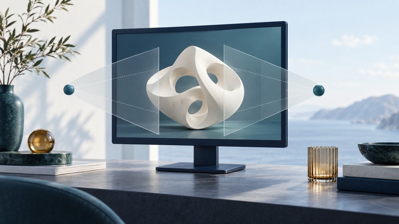 A monitor with a sculptural ivory object and transparent conceptual viewing planes.