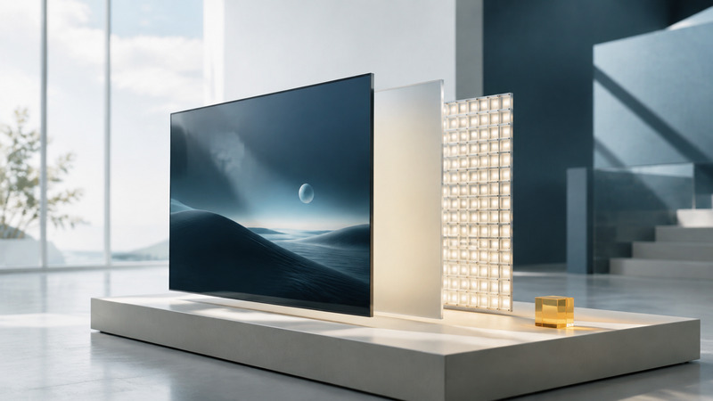 A dark display panel, a pale translucent layer and a grid of small lights stand apart on an ivory platform.