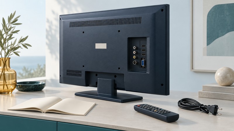 The back of an older LCD television stands beside an open manual, remote and unplugged cable.