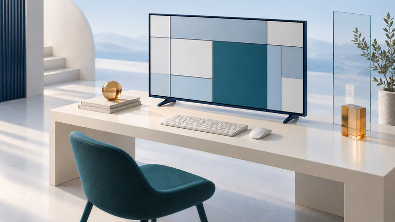 A wide television with an abstract screen grid stands on a deep ivory desk beside a keyboard and mouse.