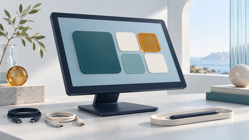 A tilted navy touchscreen displays large teal controls beside a stylus tray and separate cables.