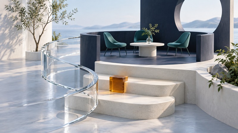 Ivory practice steps lead toward three teal chairs in an open navy meeting area beside a glass curve.
