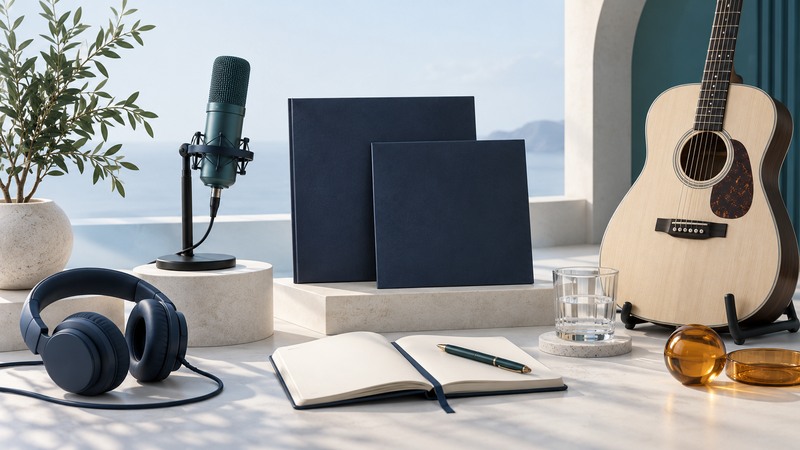 Teal microphone and ivory acoustic guitar beside two navy record sleeves and a notebook.
