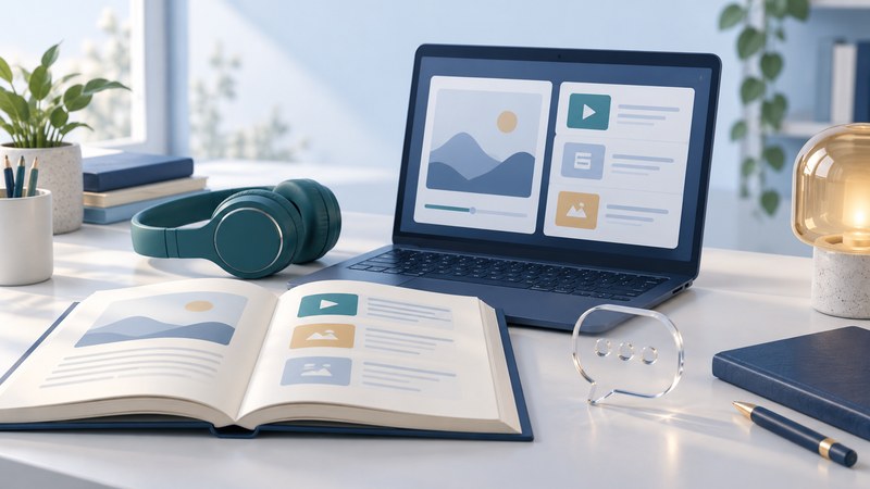 An open book, laptop, headphones and glass speech bubble sit together on an ivory desk.