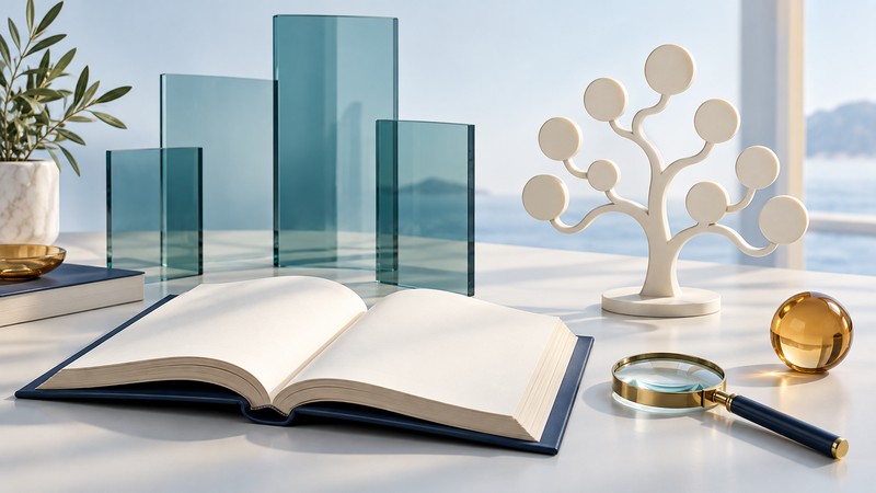 An open research book sits beside translucent panels, a branching family-tree sculpture and a magnifying glass.