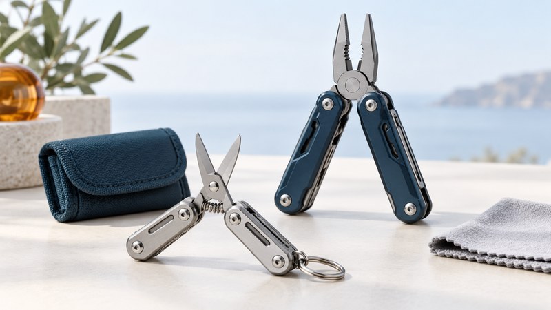 Conceptual compact scissors-centered and larger pliers-centered folding multitools beside a fabric sheath and cleaning cloth.