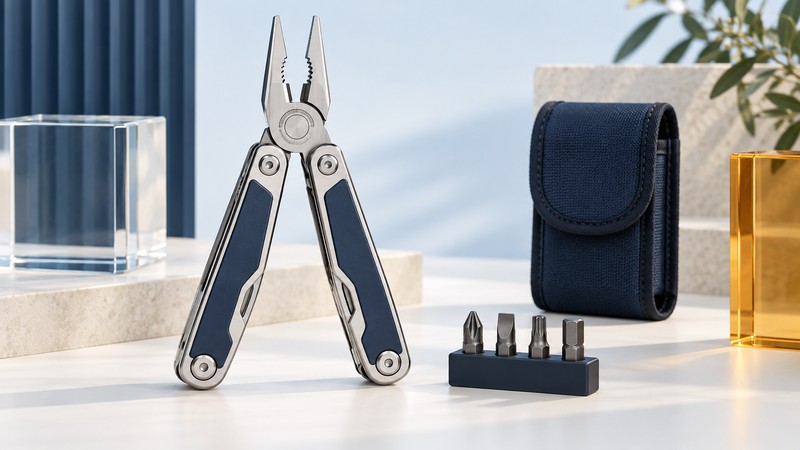 Conceptual plier-based multi-tool with folded implements beside a bit holder and closed pouch