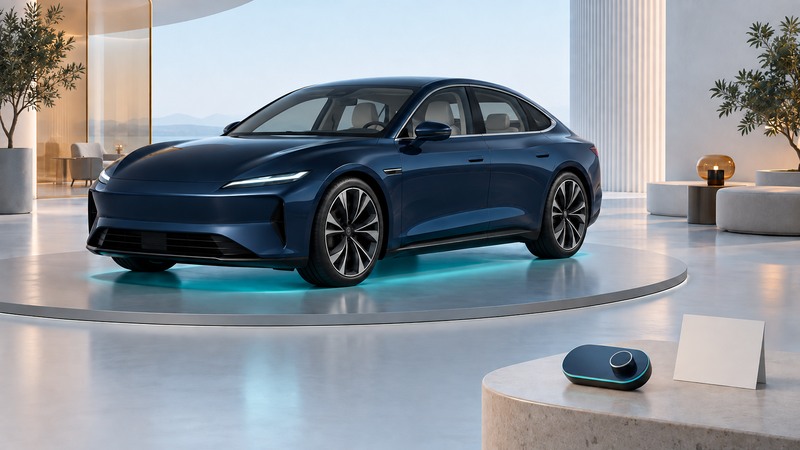 Navy car with a steady teal underbody glow on an indoor display platform beside a controller.