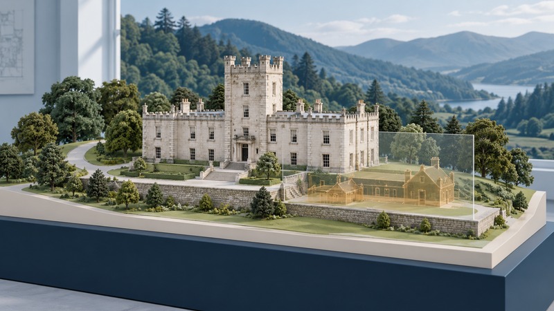 A castellated country house in a valley stands beside transparent panels suggesting successive architectural phases.