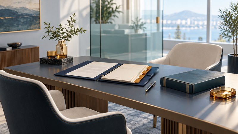 An open tabbed file, a pen and a reference book sit between two chairs at a consultation desk.