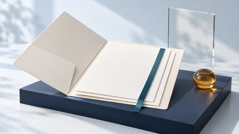 An open ivory folder and neatly arranged sheets on a navy plinth with a teal page marker.