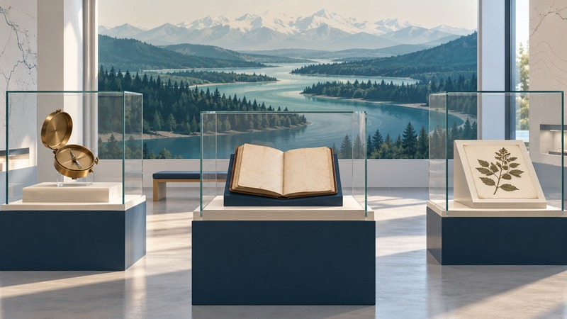 A notebook, compass and botanical specimen occupy glass museum cases before a stylized river landscape.