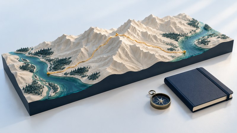 A conceptual mountain watershed with teal rivers on opposite sides, an amber overland route, a compass, and a field notebook.