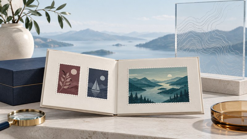 An open booklet displays two small decorative panels and a river landscape panel beside a glass contour map.