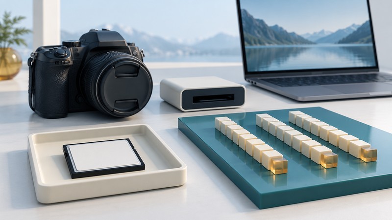 A CompactFlash card, camera, reader and laptop with conceptual rows of data blocks.