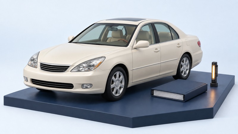 An ivory midsize sedan displayed beside a navy service binder and a small inspection light.