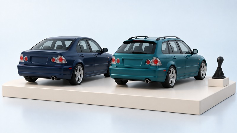 A navy compact sedan and teal sport wagon viewed from the rear beside a plain gear lever.