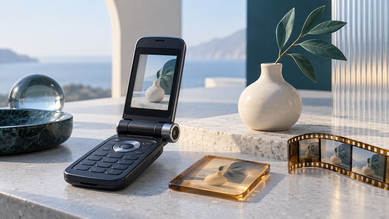 Conceptual clamshell camera phone beside a vase, a photo tile, and a short filmstrip.