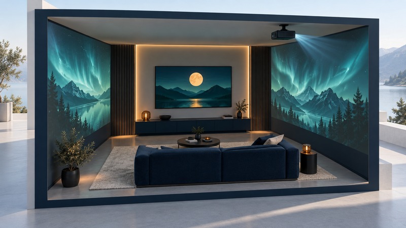 A conceptual cutaway room has a distinct television, a sofa, and separate panoramic imagery on the side walls.