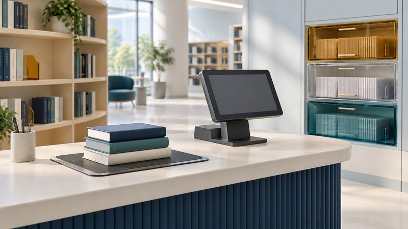 Blank-spined books rest on a reader pad beside a checkout terminal and organized record drawers.